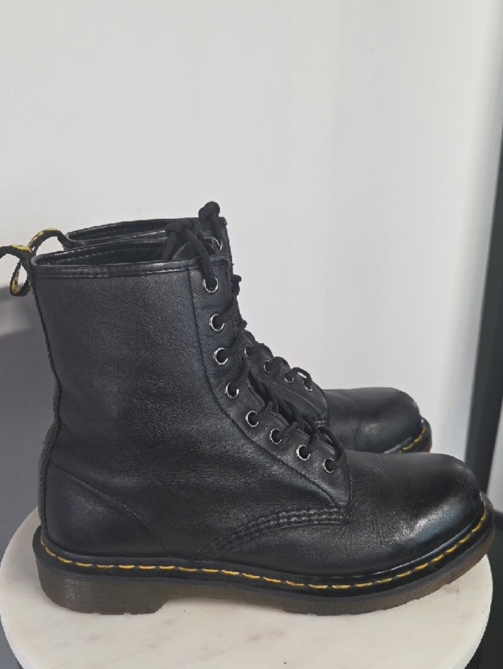 Dr. Martens Black Leather 8-Eye Lace Boots with Yellow Stitching Size 8 - Picture 3 of 8